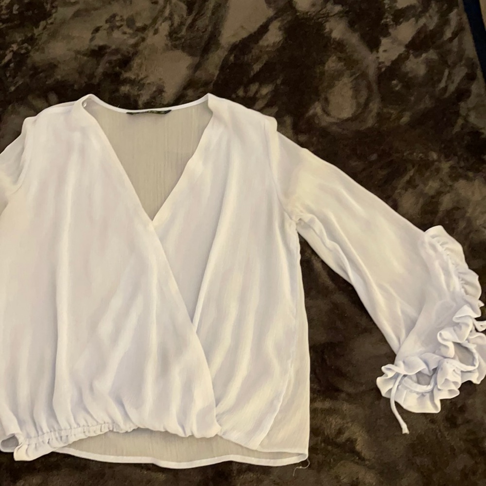Sheer light blue Zara top with ruffle detail
